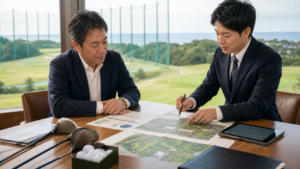 千葉県のゴルフ場・ゴルフ練習場M&Aで施設資料を確認する譲渡企業とアドバイザー