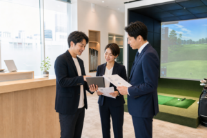 東京のインドアゴルフM&Aで資料確認を行う担当者とシミュレーター施設のイメージ